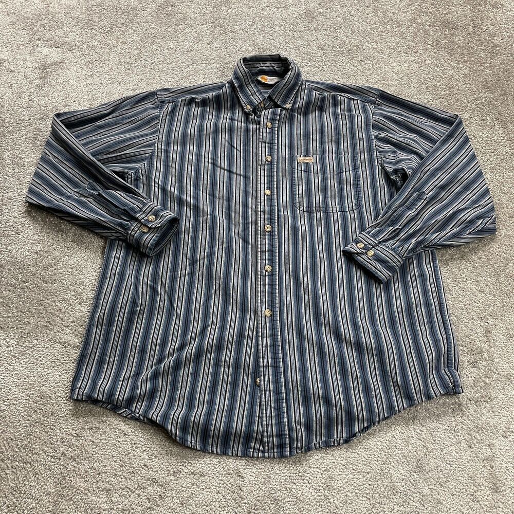 Carhartt Rugged Outdoor Shirt Mens Blue Striped Long Sleeve Collared Casual Fish
